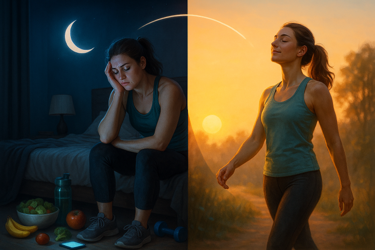 Split screen of morning walker and night owl looking worn out.