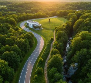 Bird's eye view of divergent weight loss journeys - medical facility route and natural trail - joining at celebration point
