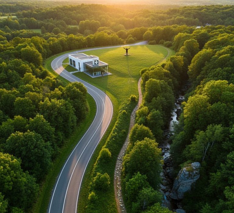 Bird's eye view of divergent weight loss journeys - medical facility route and natural trail - joining at celebration point