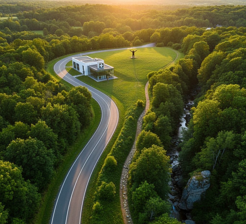 Bird's eye view of divergent weight loss journeys - medical facility route and natural trail - joining at celebration point