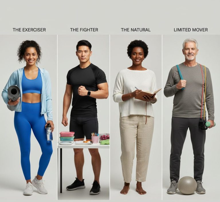 Portrait of four individuals each embodying a different weight maintenance personality type