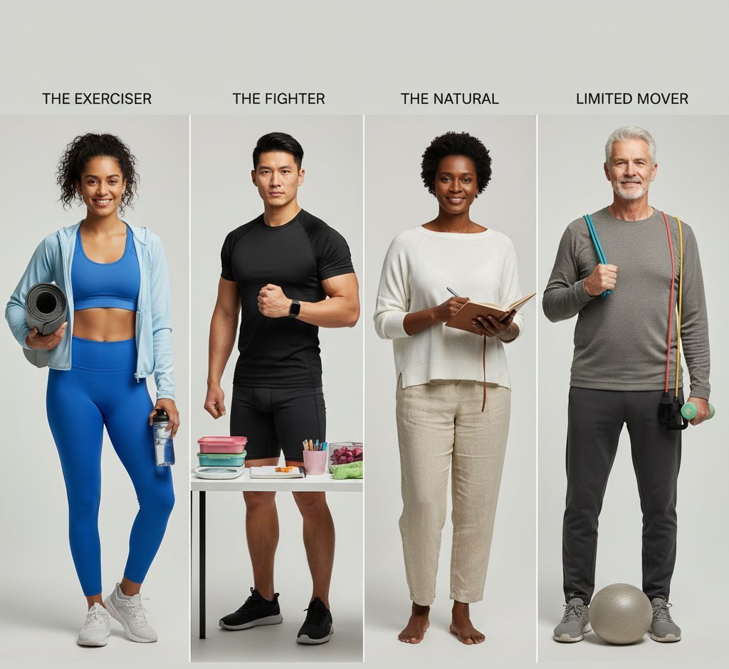 Portrait of four individuals each embodying a different weight maintenance personality type