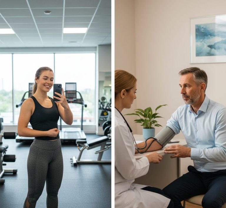 Split screen showing young adult taking gym selfie versus older adult consulting with doctor about health metrics