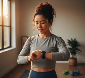 Confident person checking fitness tracker after completing 42-minute sustained workout session