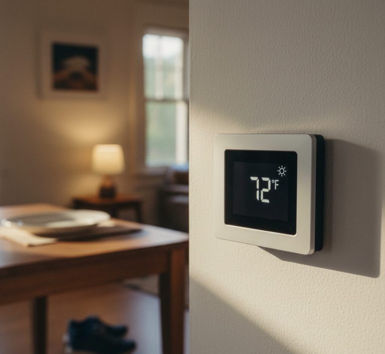 Detailed shot of a thermostat and domestic scene, evoking calm, practical habit-building.