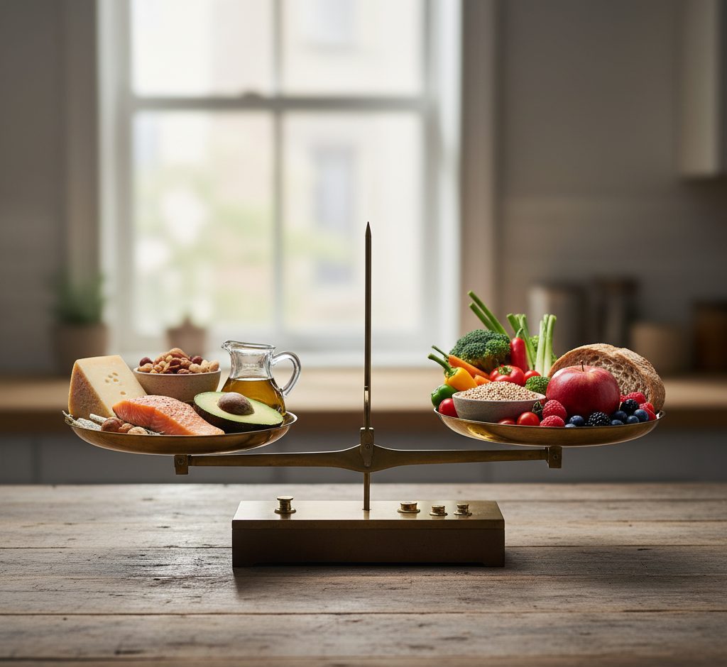 Metaphorical image of weight maintenance balance: high-fat and lower-fat foods equally weighted on scales
