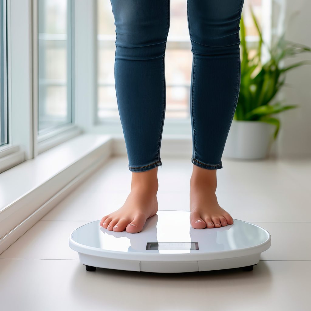 Still life of woman standing on the scale showing hope for weight loss.