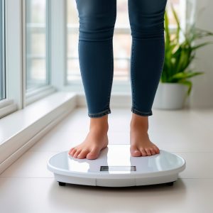 Still life of woman standing on the scale showing hope for weight loss.