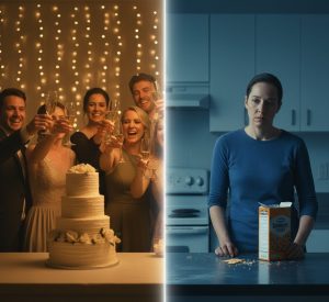 Visual contrast between joyful social eating at wedding party and isolated stress eating in kitchen.