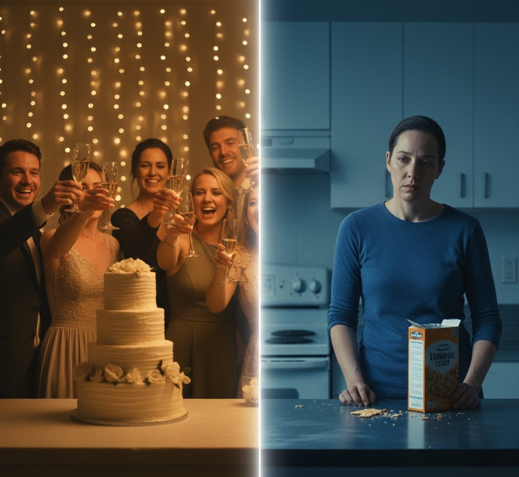 Visual contrast between joyful social eating at wedding party and isolated stress eating in kitchen.