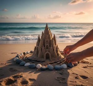 Golden hour beach scene showing sandcastle protected from incoming tide, symbolizing long-term weight loss preservation strategies