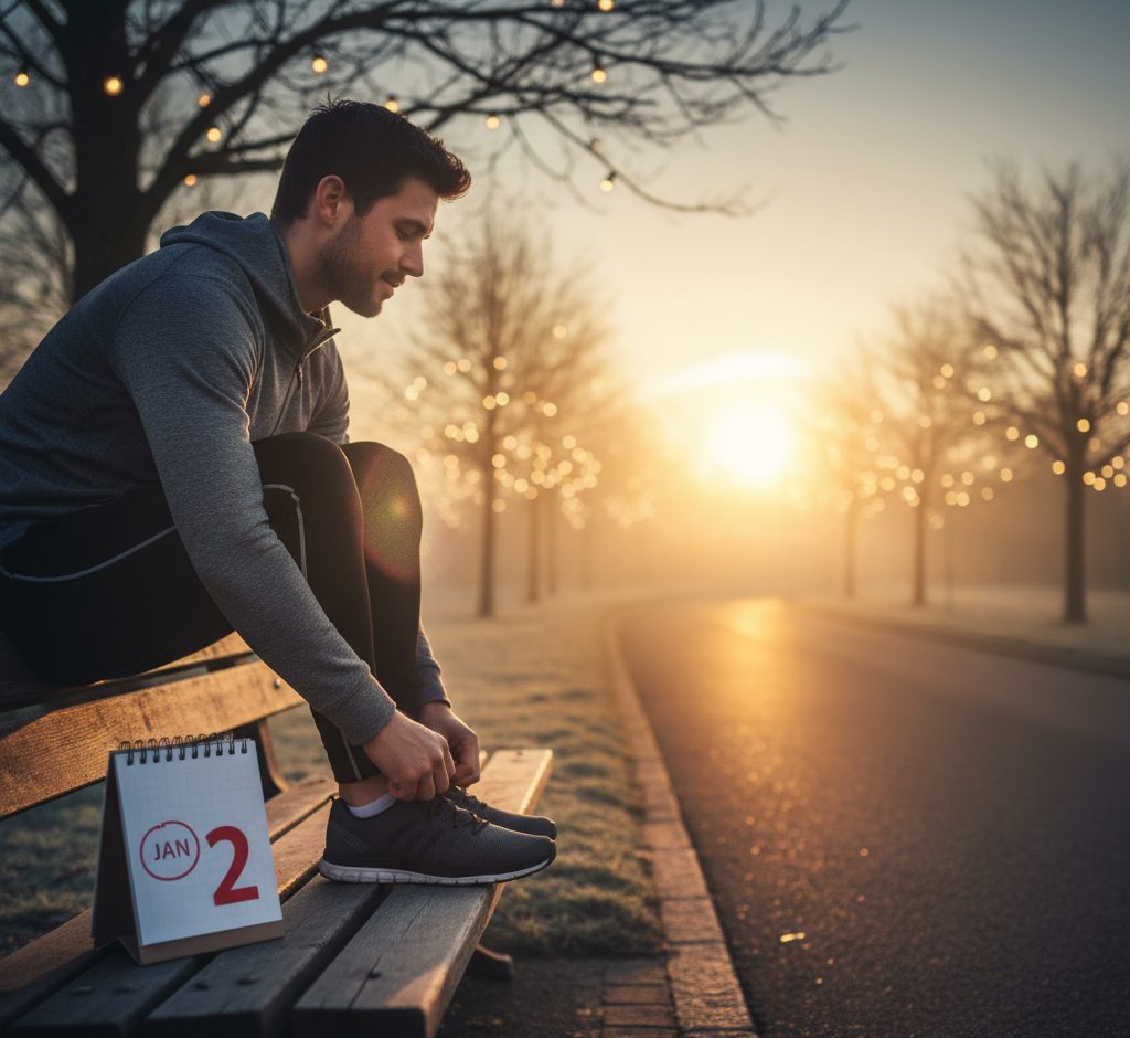Motivational image of early run preparation with calendar reminder for post-holiday reset.