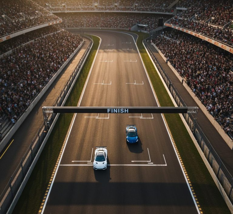 Two race cars crossing the finish line.