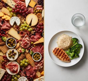 Visual contrast showing abundance of varied foods versus simple, repetitive meals for successful weight loss