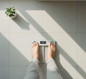 Person standing on a scale — quiet act of tracking.