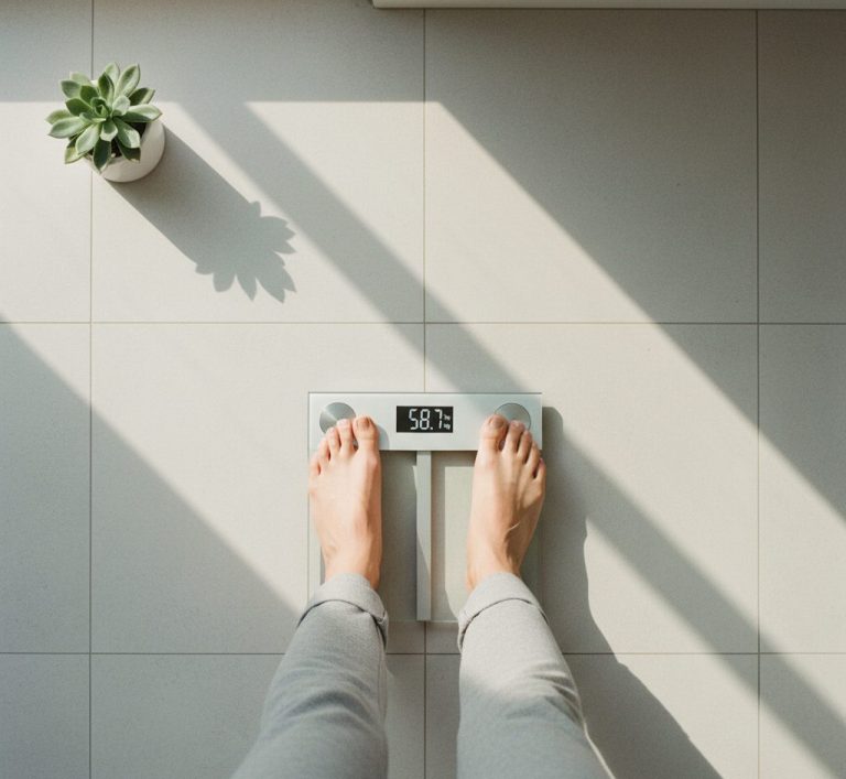Person standing on a scale — quiet act of tracking.
