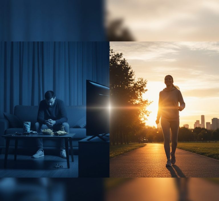 Split image showing one evening spent watching TV and another walking outdoors.