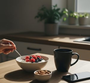 Editorial shot of a balanced breakfast and a person taking a small intentional action.