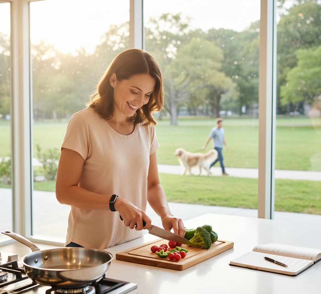 Realistic kitchen scene emphasizing consistent healthy routines