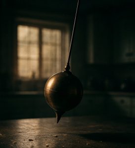 Symbolic pendulum in a kitchen illustrating the push and pull of weekday restriction and weekend freedom.