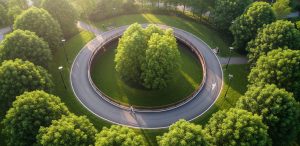 Winding park path forming a continuous loop, symbolizing sustainable routine.
