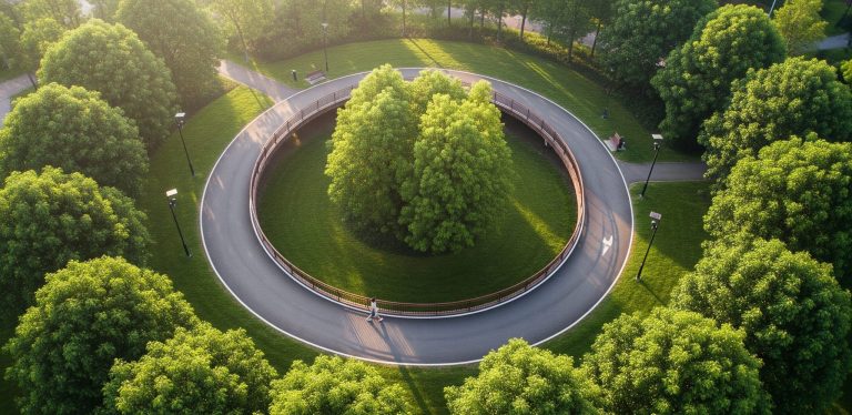 Winding park path forming a continuous loop, symbolizing sustainable routine.