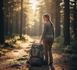 Person stands on a sunlit path at golden hour, setting down a heavy backpack.