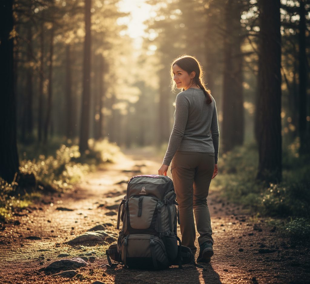 Person stands on a sunlit path at golden hour, setting down a heavy backpack.