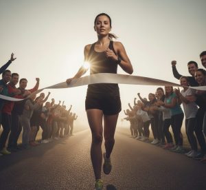 Symbolic finish line scene showing weight maintenance as a continuing journey.