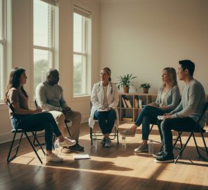 Group of five people in a counseling circle, led by a clinician.