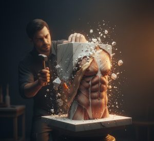Artistic scene: marble chips flying as muscle emerges from stone, symbolic of fat loss with muscle preserved.