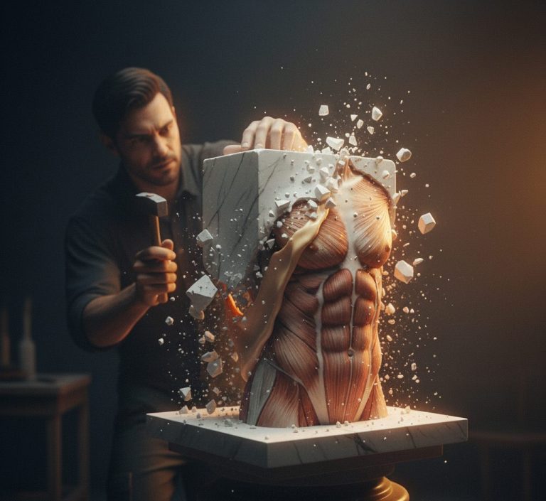 Artistic scene: marble chips flying as muscle emerges from stone, symbolic of fat loss with muscle preserved.